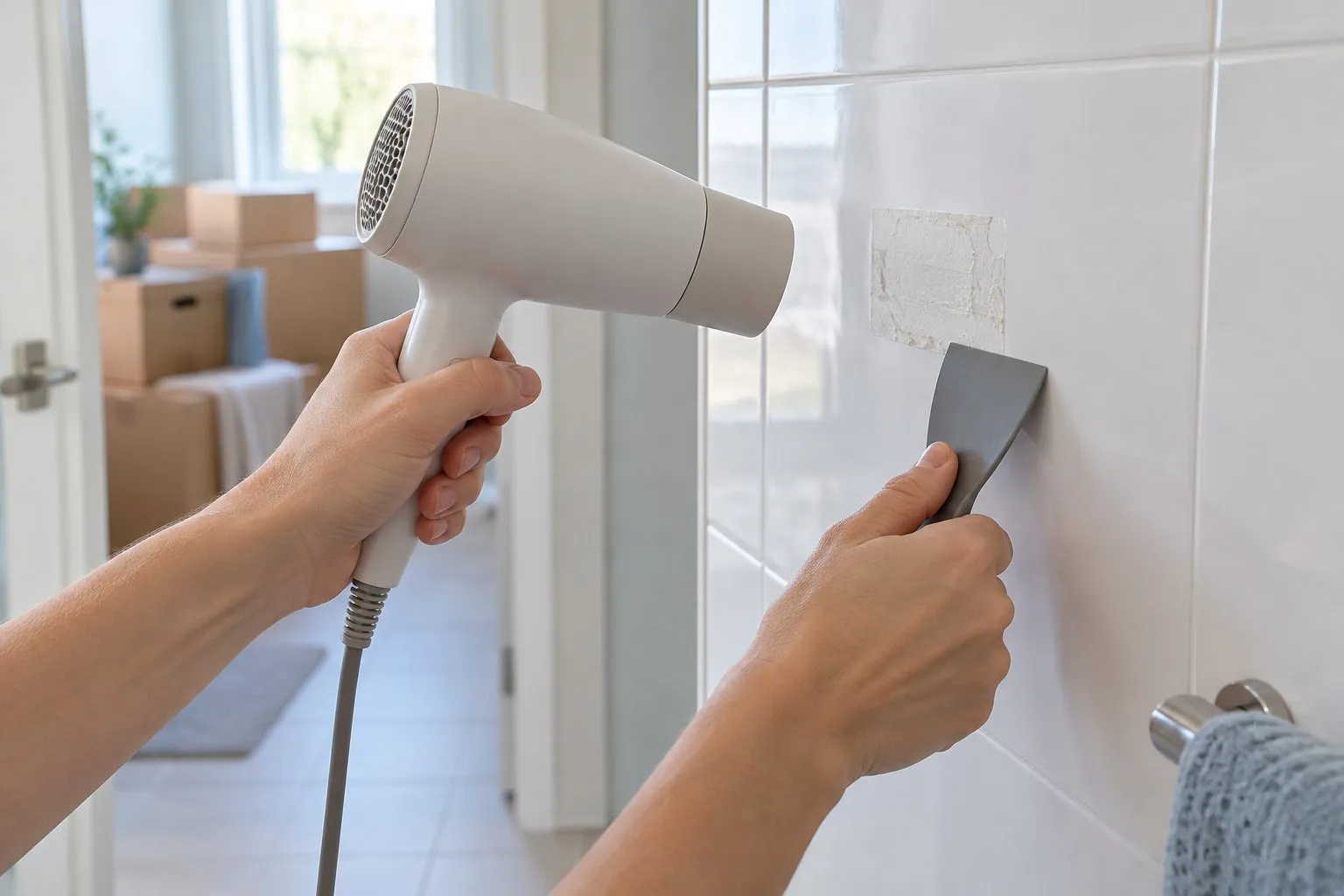 Symbolbild: zwei Hände halten einen Föhn und einen Kunststoffschaber an eine weiße Fliese mit Kleberesten, im Hintergrund Umzugskartons